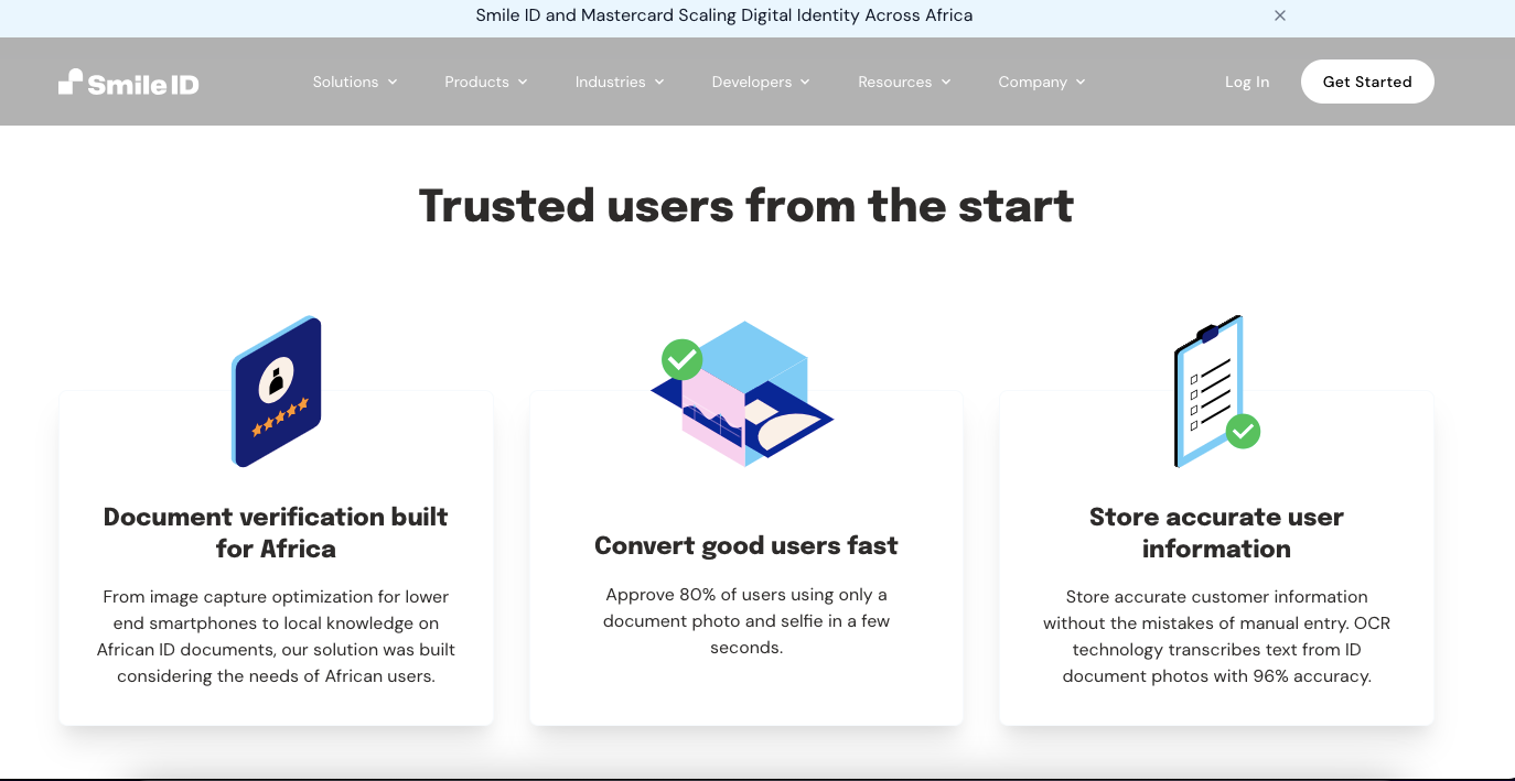 Screenshot of Smile ID KYC platform showing biometric and document verification tools for identity verification in Africa.