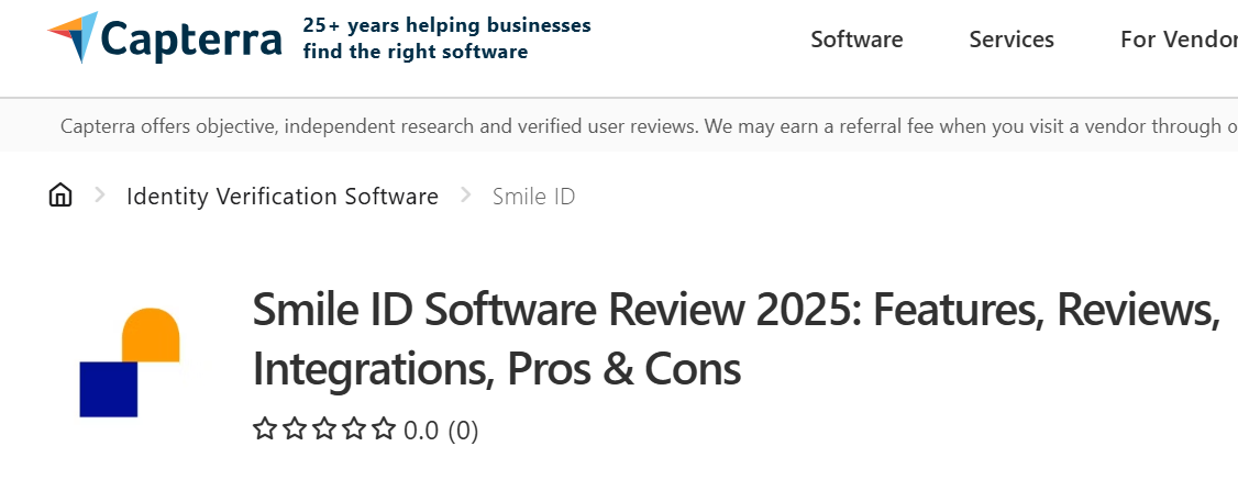 Screenshot of Smile ID user reviews on Capterra highlighting ratings and feedback about its biometric KYC and identity verification platform.