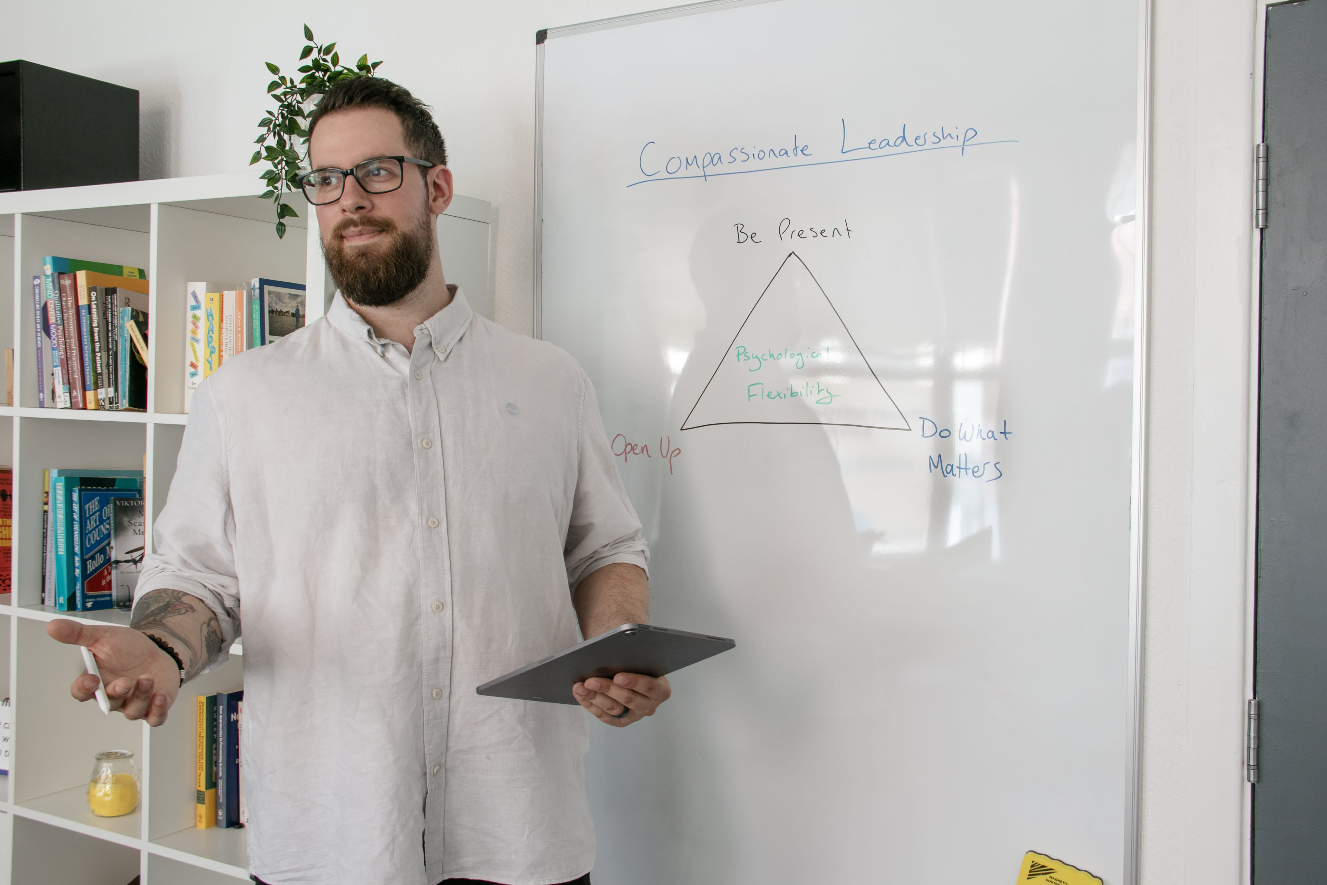 Jolian presenting a Compassionate Leadership and Psychological Flexibility framework on a whiteboard