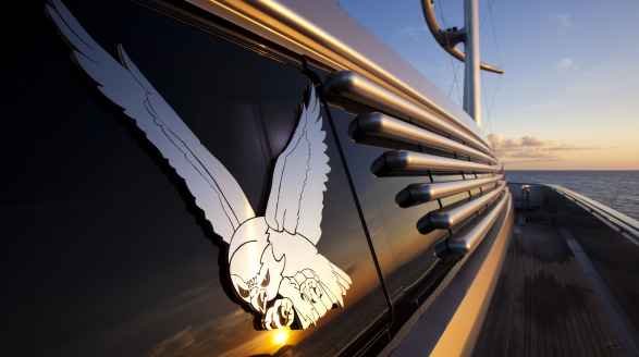 88m Maltese Falcon sailing yacht for charter - side profile of logo on yacht