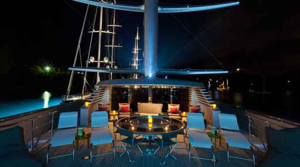 88m Maltese Falcon sailing yacht for charter - deck lit up at night