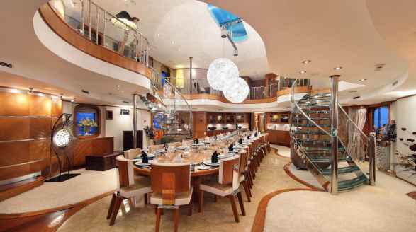 69m superyacht Sherakhan for charter - main saloon dining