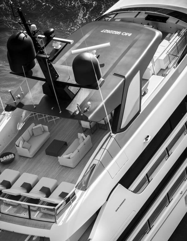 Aerial view of a superyacht, black and white