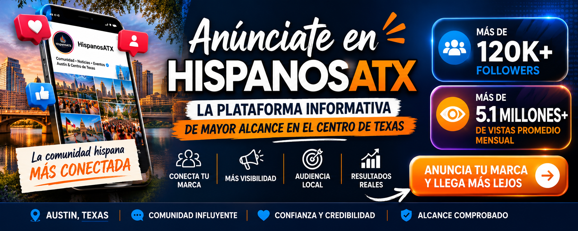 Anúnciate en HispanosATX — +120K seguidores, +5.1 millones de vistas mensuales. Anuncia tu marca y llega más lejos.
