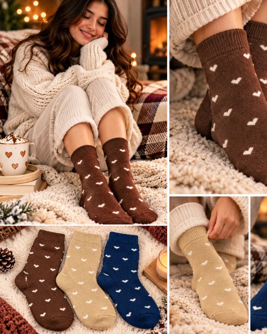 Woollen Crew Socks for Women | Warm, Soft & Cozy Winter Socks | Cute Heart Print | Pack of 3 Pairs thumbnail 2