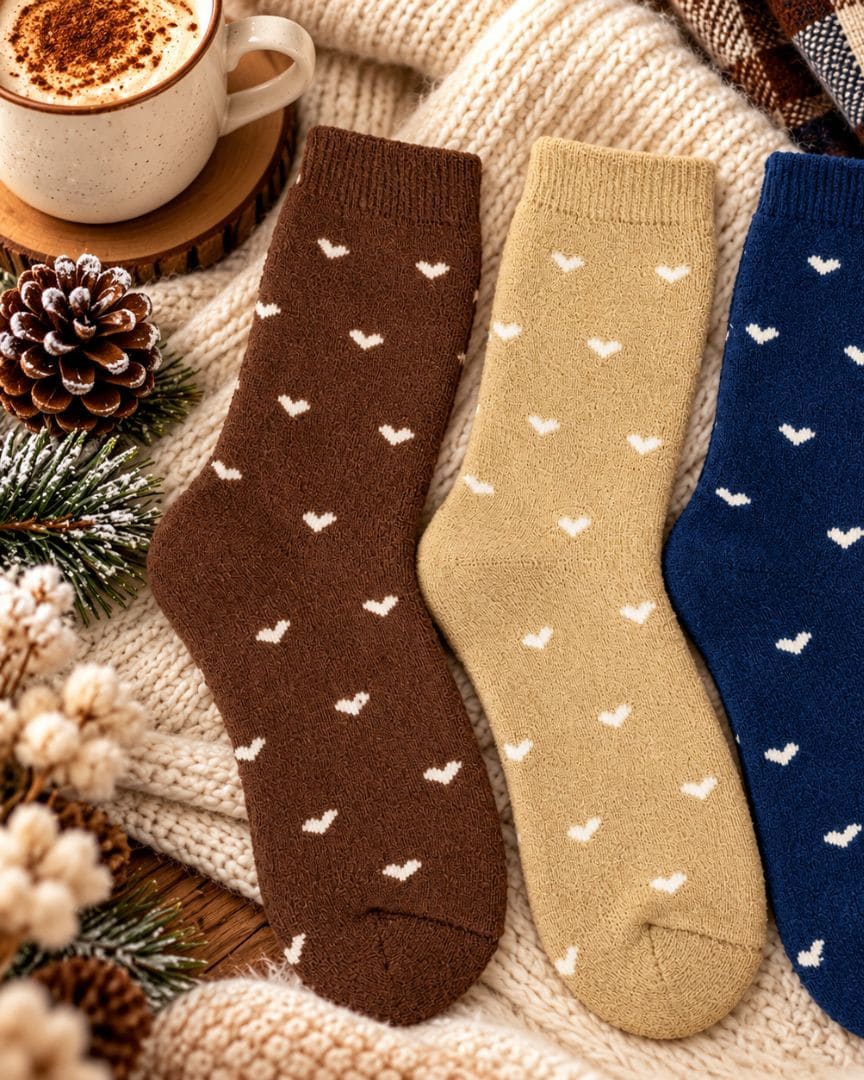 Woollen Crew Socks for Women | Warm, Soft & Cozy Winter Socks | Cute Heart Print | Pack of 3 Pairs thumbnail 1