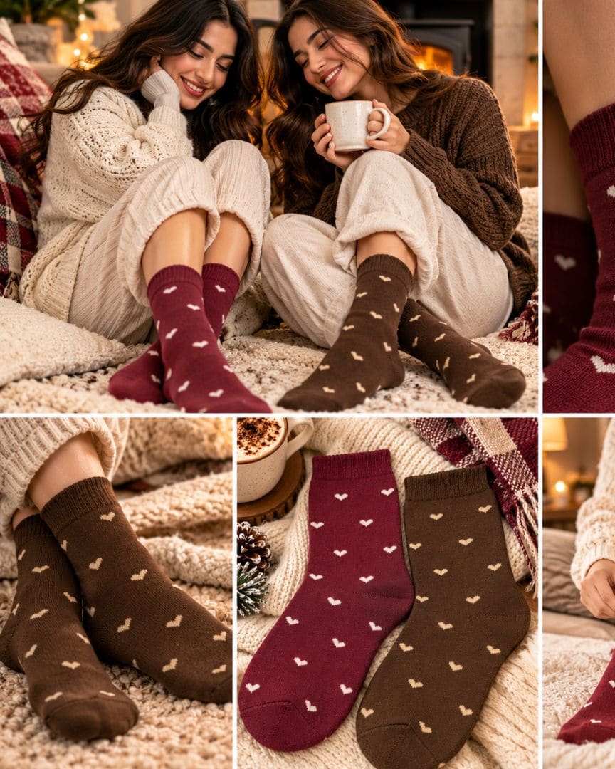Woollen Crew Socks for Women | Warm, Soft & Cozy Winter Socks | Cute Heart Print | Pack of 2 Pairs thumbnail 2