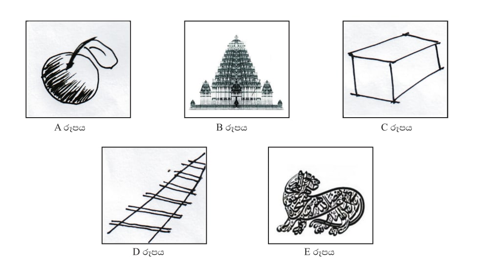 Five labelled sketches: A - a shaded apple with a curled leaf, B - a tall stepped temple tower, C - a wireframe box drawn in 3D, D - two parallel lines crossed by rungs like a ladder or railway track, E - an animal shape formed from Arabic calligraphy.