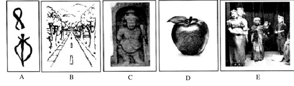 Five labelled images: A - two abstract looping symbols in a prehistoric-art style, B - a road receding into the distance between rows of trees, C - a carved ancient stone figure in a niche, D - a shaded apple with a leaf, E - a marionette puppet show with several string puppets.