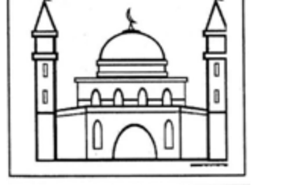 A line drawing of a mosque with a central dome and two flanking minarets.