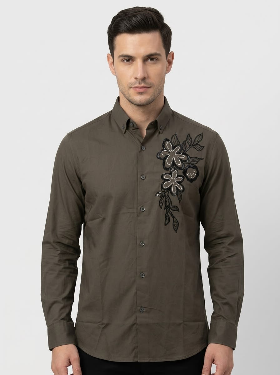GIMMICH CHEST EMBROIDERY SATIN SHIRT F/S