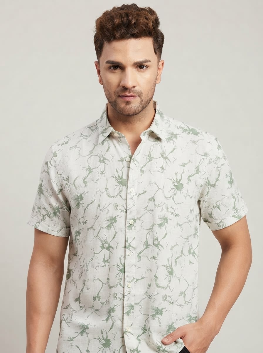 WHITE LEAF LINEN PRINT SHIRT H/S