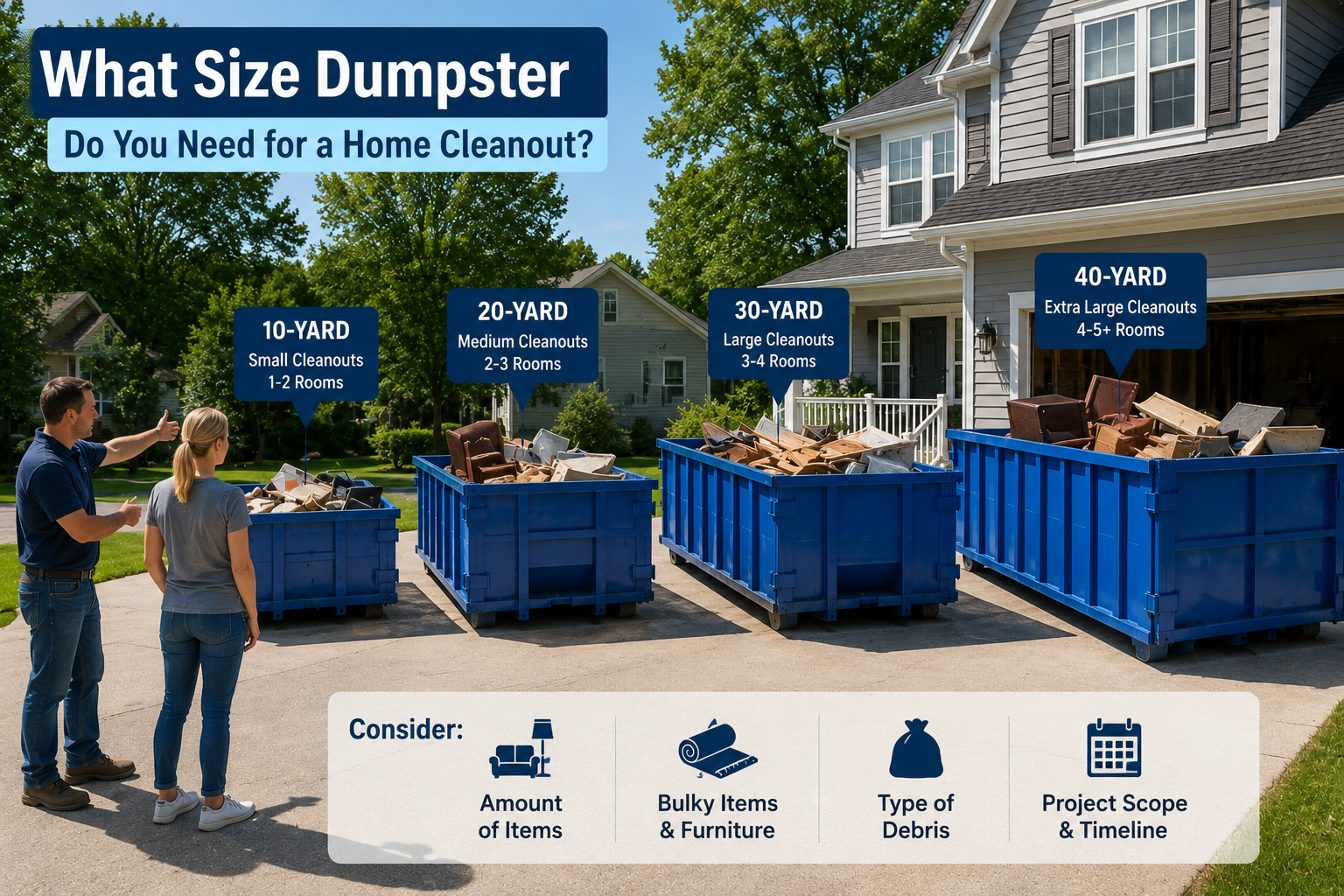 Residential home cleanout with multiple  roll-off dumpster size options