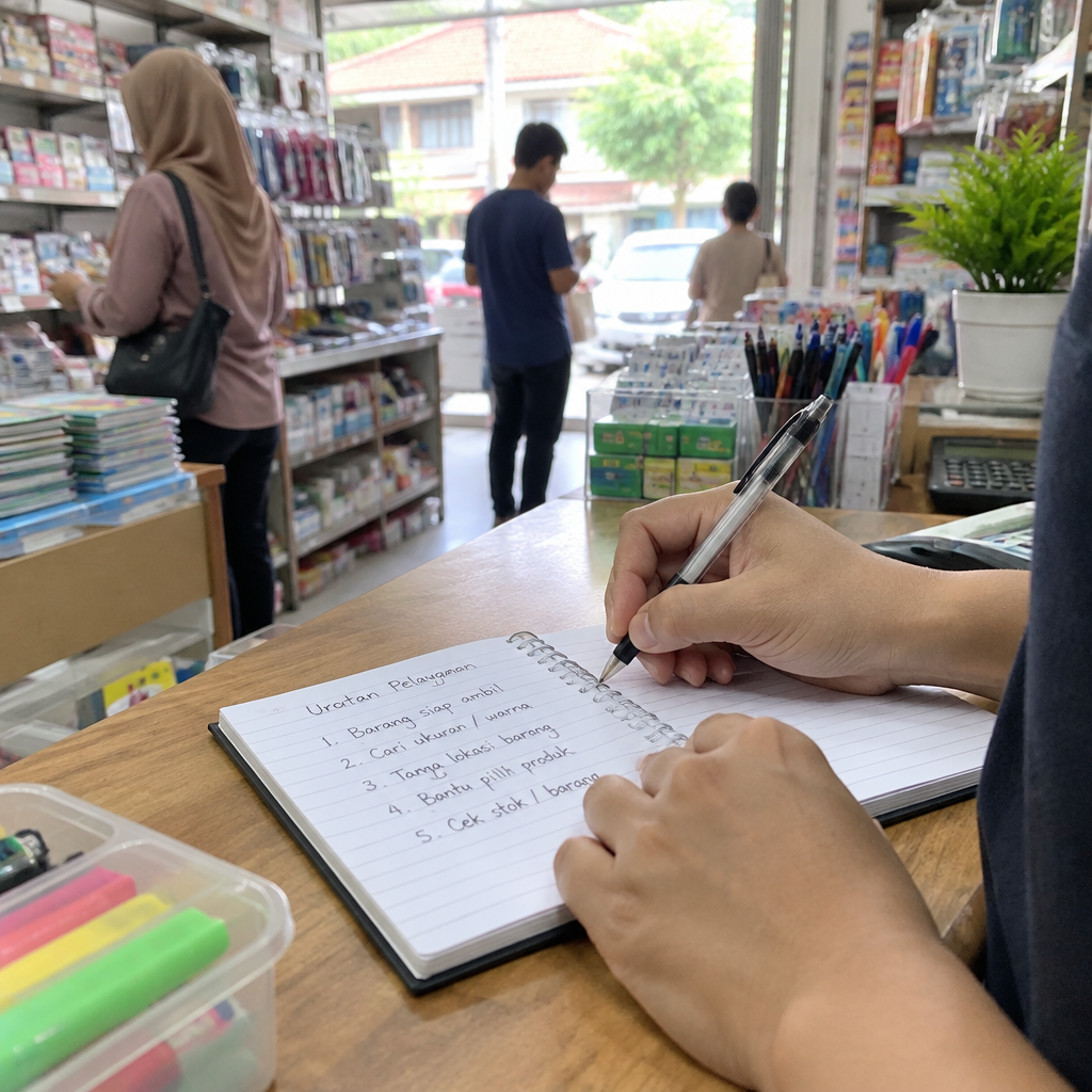 Ilustrasi AI menampilkan suasana toko alat tulis yang sedang ramai, dengan seseorang menulis daftar urutan pelayanan di buku catatan di meja kasir sementara beberapa pelanggan berdiri di latar belakang dan rak-rak barang memenuhi sisi toko.