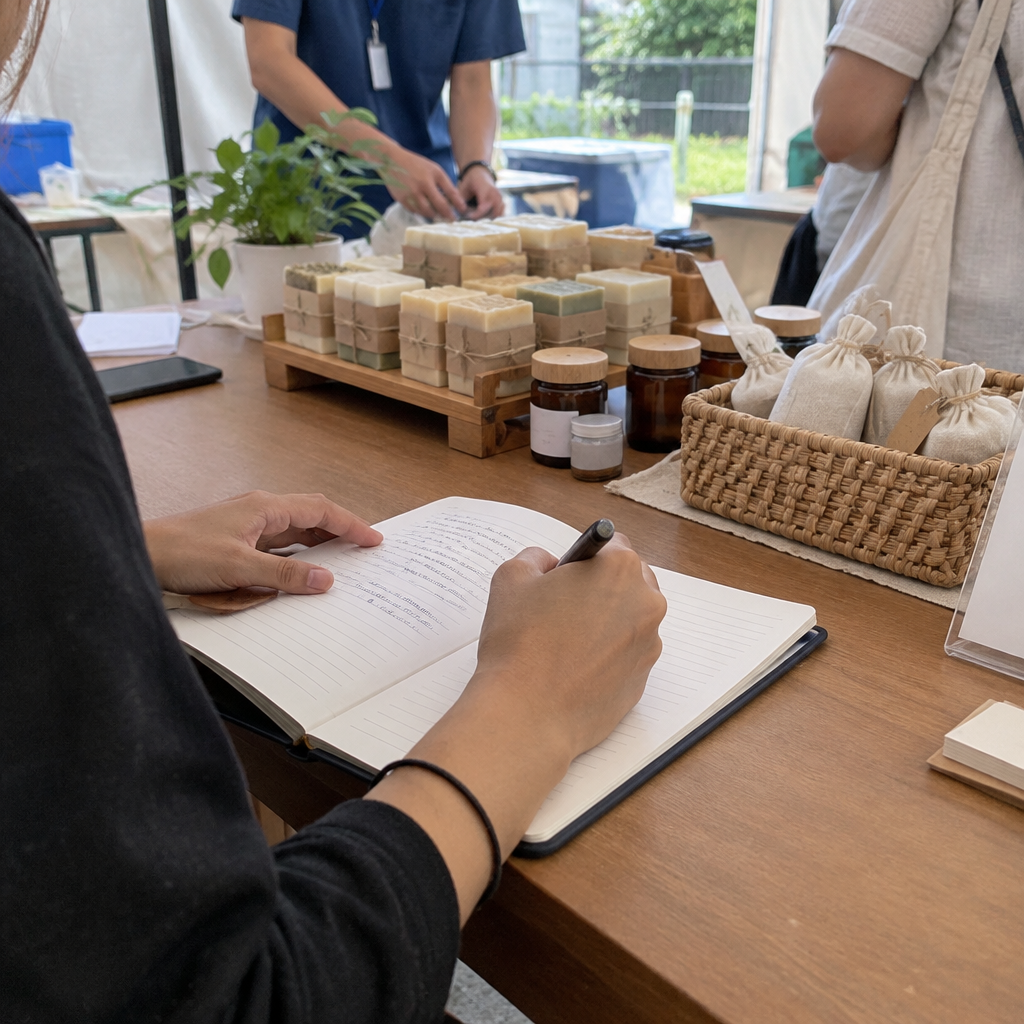 Ilustrasi AI: Seseorang sedang menulis catatan di buku terbuka saat berada di pameran kecil atau bazar produk rumahan, dengan meja kayu berisi sabun kemasan, botol kecil, dan tas kain di latar belakang.