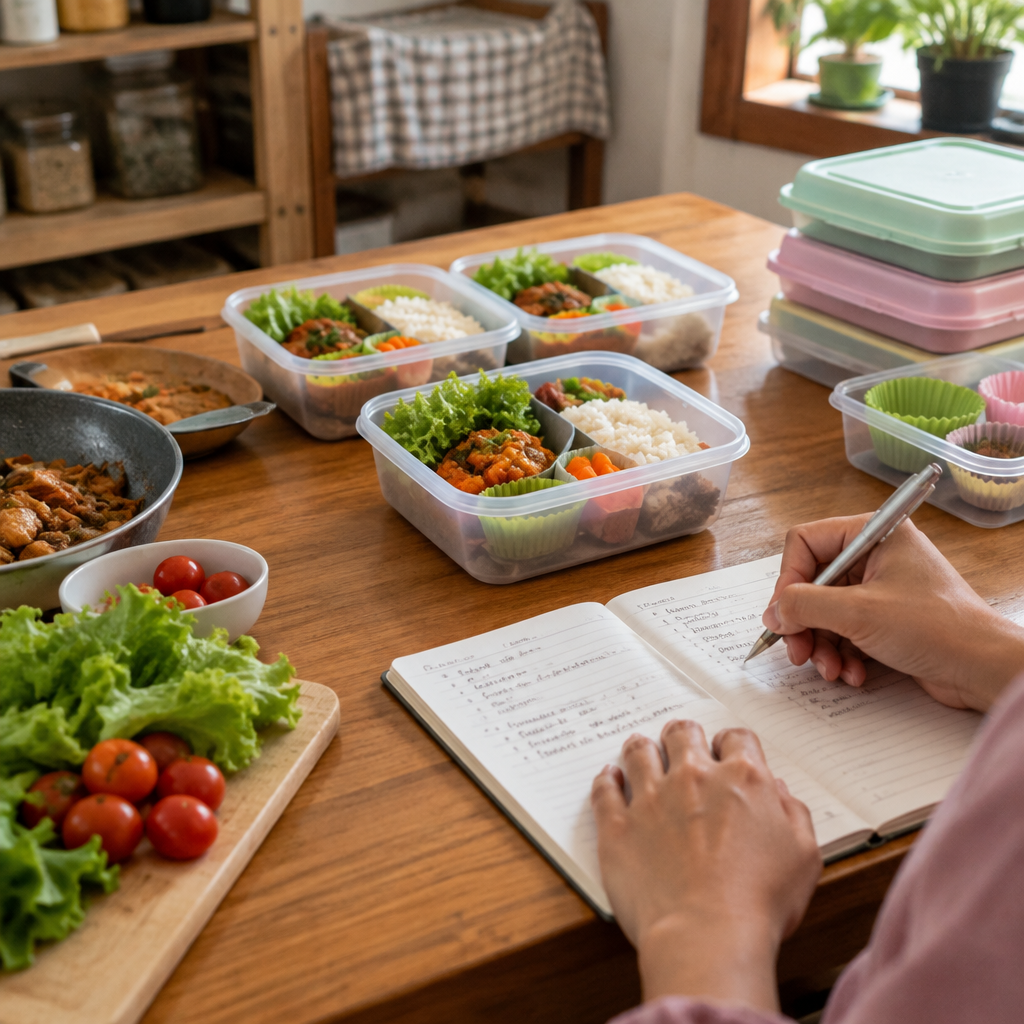 Ilustrasi AI berupa suasana dapur rumahan dengan beberapa kotak bekal berisi nasi, sayuran, dan lauk yang tersusun di atas meja kayu, sementara seseorang menulis catatan di buku terbuka untuk memetakan kebutuhan pesanan bekal.