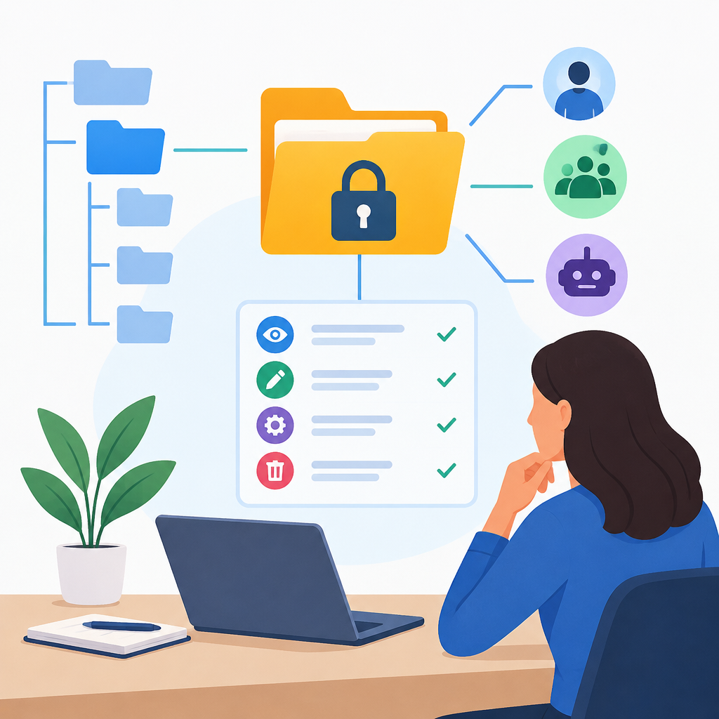 AI illustration of a person reviewing permissions for a shared project folder, with a locked folder icon connected to users, groups, and a checklist of access levels on a laptop desk scene.