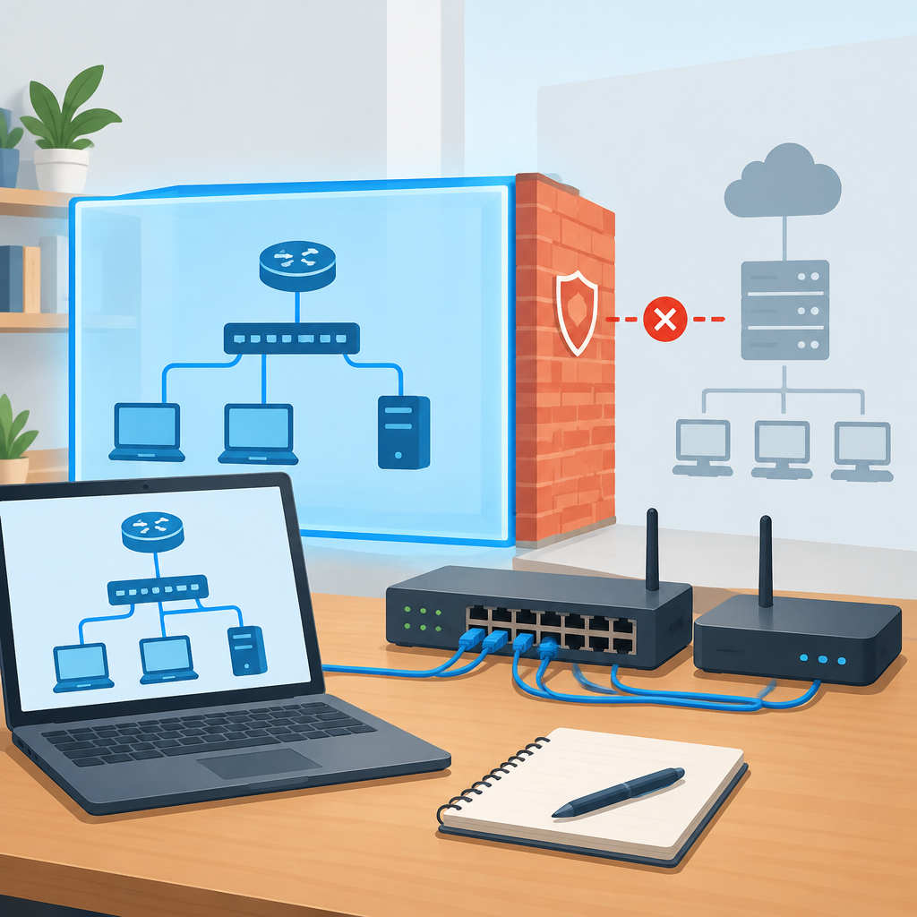 AI illustration of a safe home networking practice lab with a laptop, switch, wireless router, cables, notebook, and a visual firewall barrier separating the local lab from an external cloud network.