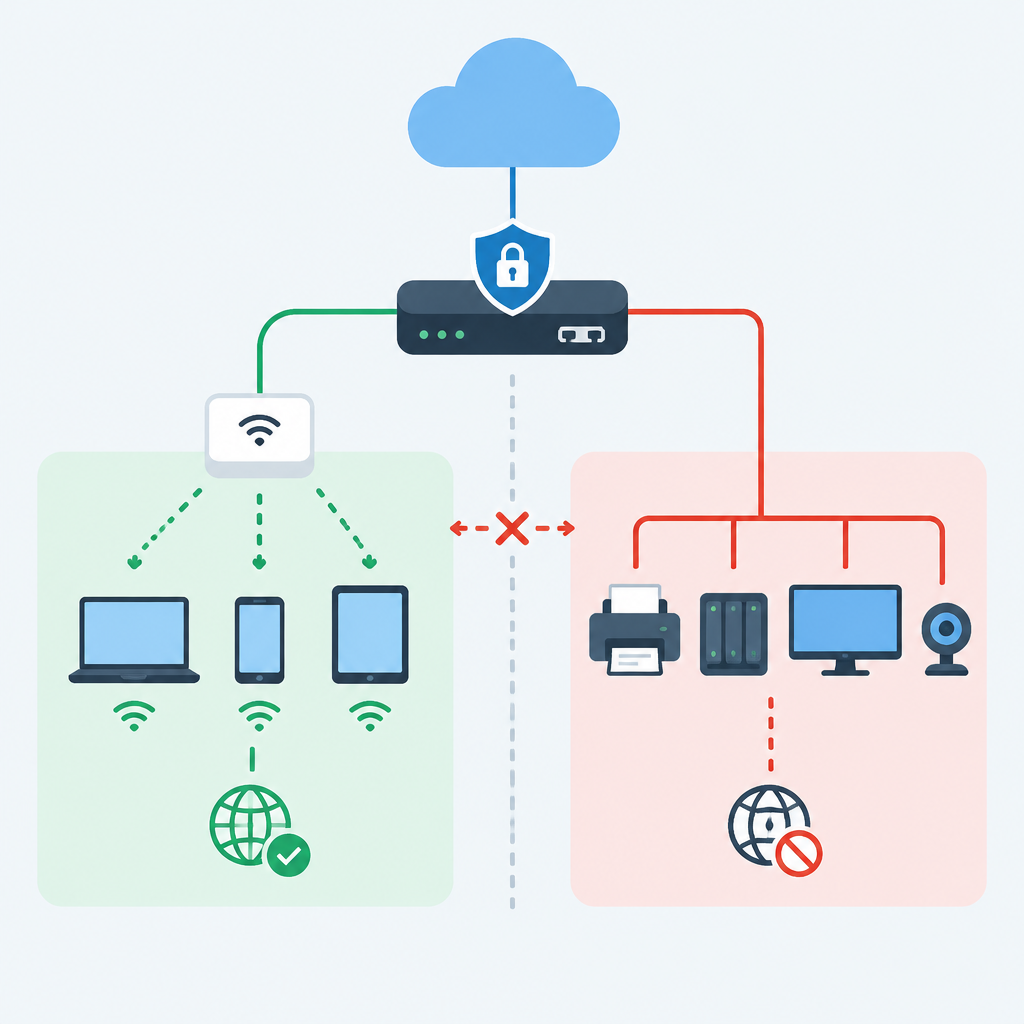 AI illustration of a guest Wi‑Fi network design showing a cloud-connected router with a security shield, a green guest network zone for laptops and mobile devices with internet access, and a red isolated zone for printers, NAS storage, a desktop, and