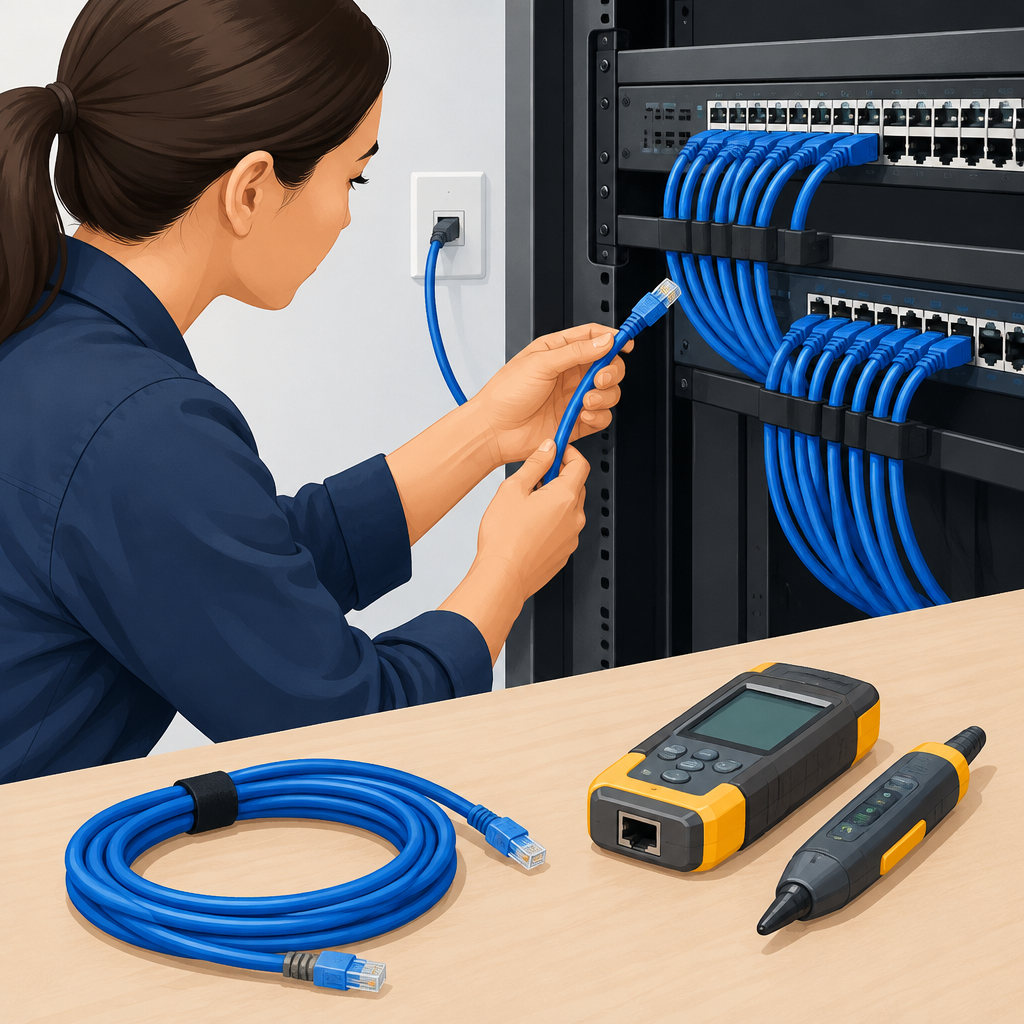 AI illustration of a technician checking Ethernet cabling at a network switch rack, holding a blue cable while test tools and a spare patch cable sit on the table, matching a guide about verifying cabling before replacing network equipment.