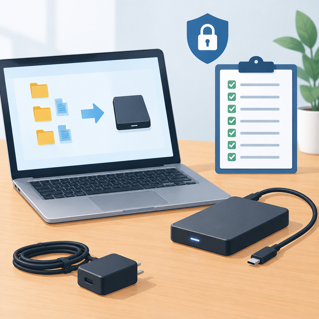 AI illustration of a laptop, external drive, USB cables, and a checklist with a lock icon, suggesting steps for preparing an external drive before backup.