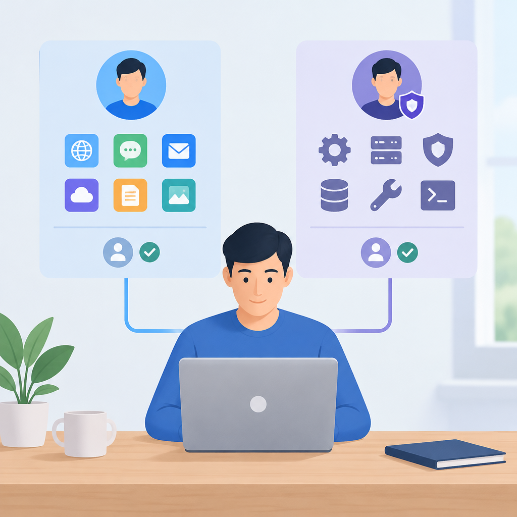 AI illustration of a person using a laptop at a desk with two account panels behind them, one showing everyday app icons and the other showing admin tools and security symbols, representing separation between standard user and administrator accounts.