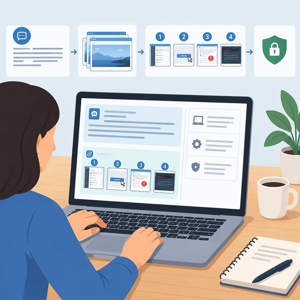 AI illustration of a person organizing and reviewing support screenshots on a laptop, with a visual sequence of numbered images, privacy shield icon, and simple interface panels suggesting how to create a clear technical support request.