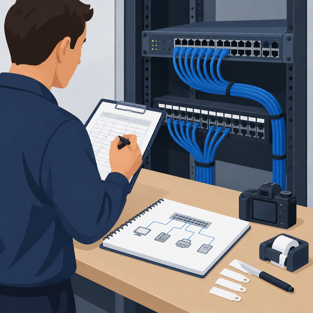 AI illustration of a technician documenting network switch ports in a small office server rack, writing on a clipboard while looking at labeled Ethernet cables, a switch, a notebook network diagram, and photo tools on a desk.