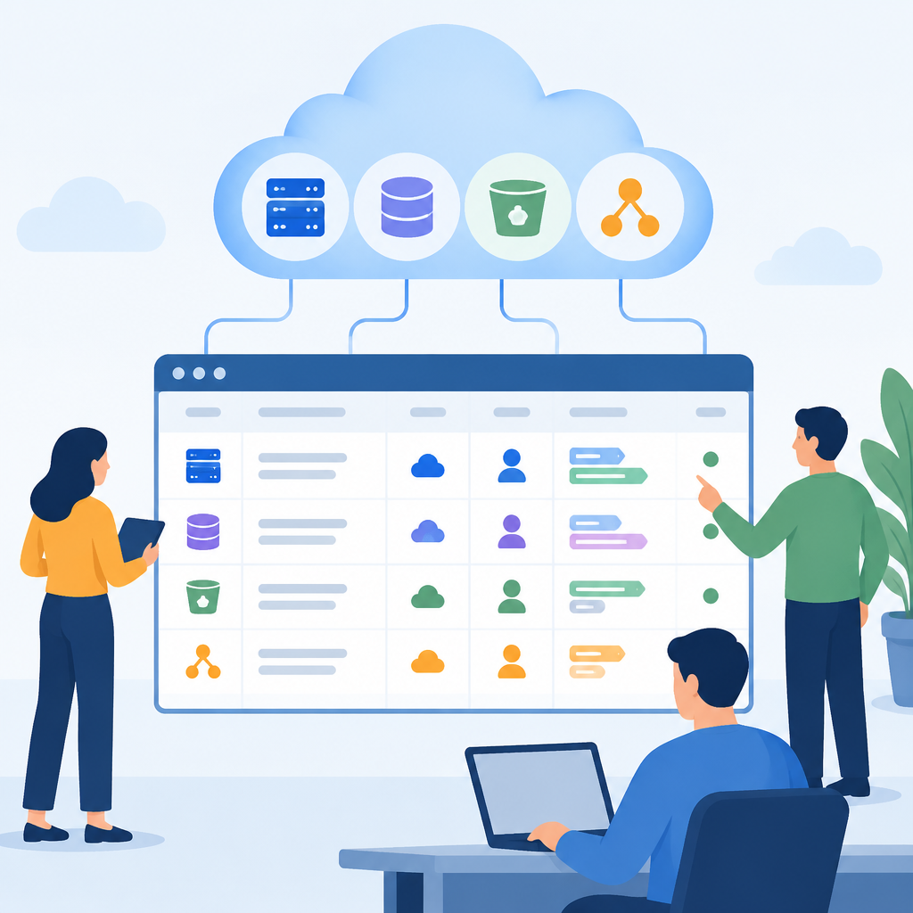 AI illustration of a cloud resource inventory dashboard with server, database, storage, and network icons connected to a table where team members review owners and tags.