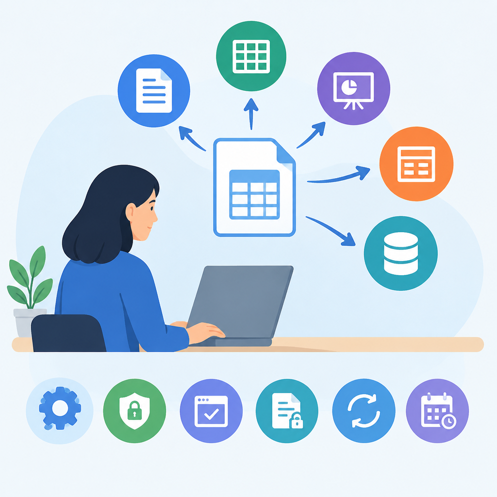 AI illustration of a person using a laptop with a central file icon connected to multiple export destinations and workflow symbols, suggesting file compatibility, formatting, security, testing, and reliable sharing across applications.