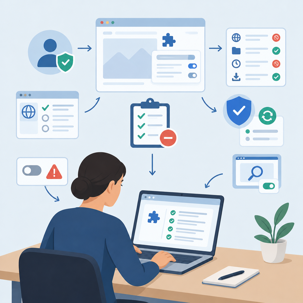 AI illustration showing a person at a laptop reviewing browser extensions with a checklist, permission icons, security shields, and arrows linking steps in a least-privilege review workflow.