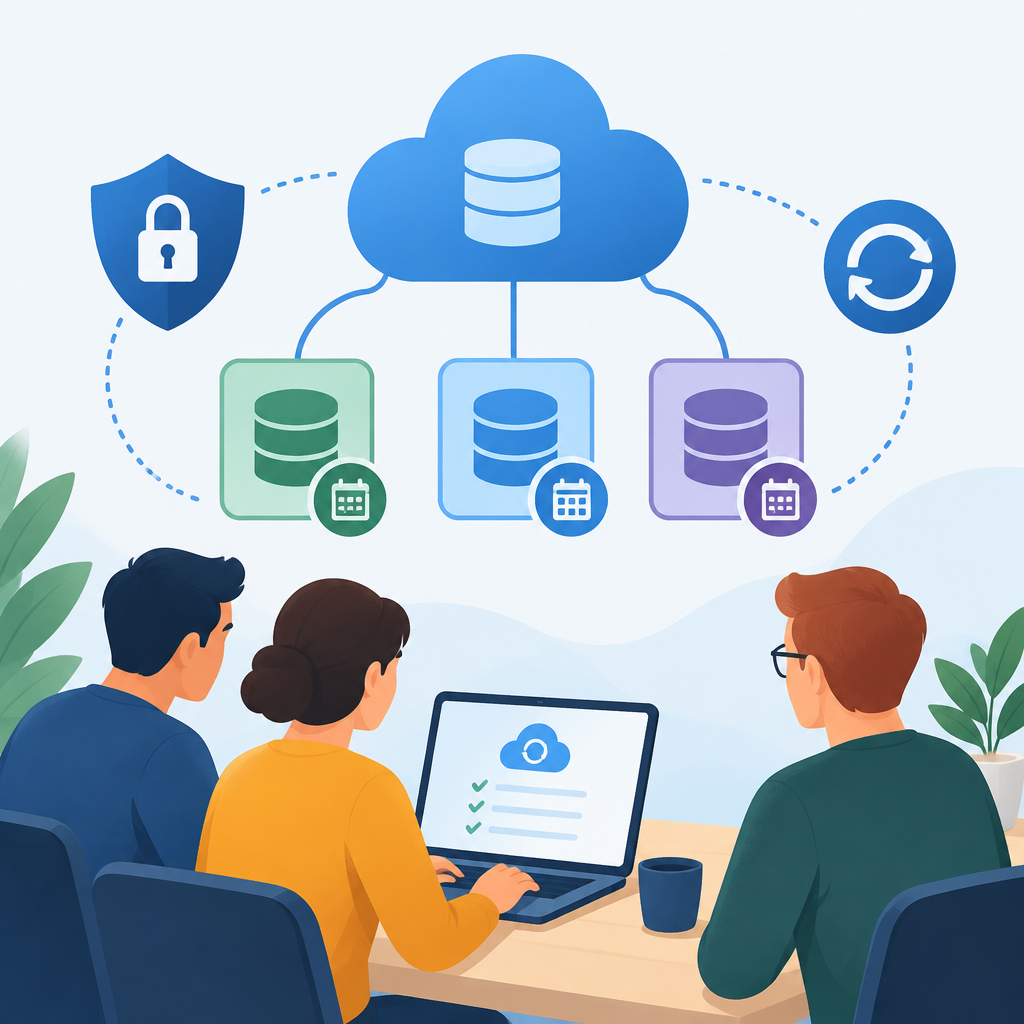 AI illustration of a small team reviewing a cloud backup retention plan, with a central cloud, database backup tiers, security shield, refresh icon, and a laptop showing checklist items.