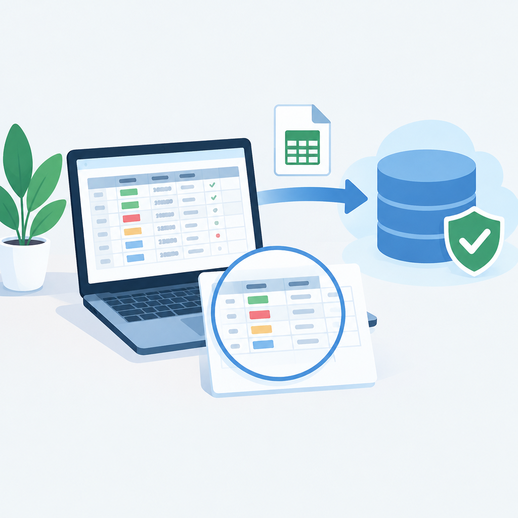 AI illustration of a laptop spreadsheet being safely imported into a database, with a sample file icon, arrow, magnified sample rows, and a security shield with a checkmark.