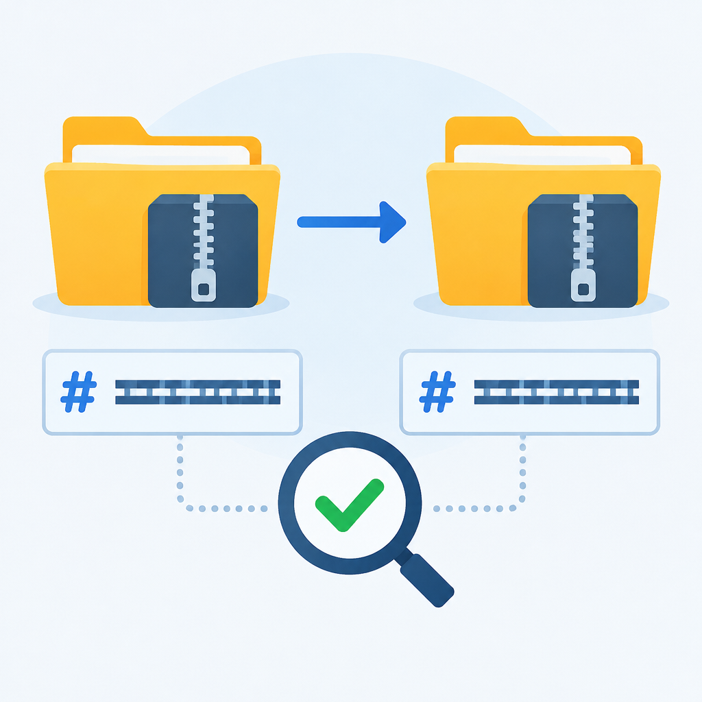 AI illustration of two archive folders with a right-pointing arrow between them, checksum-style text boxes beneath each folder, and a magnifying glass with a green check mark indicating file copy verification.