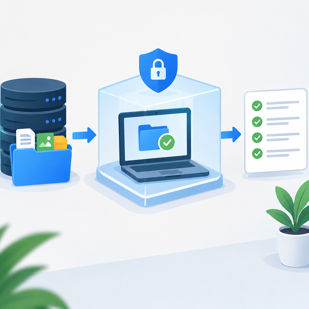 AI illustration of a secure backup restore workflow, showing a backup storage stack and folder on the left, an isolated protected laptop in the center with a lock shield, and a verification checklist on the right with arrows indicating a safe restore