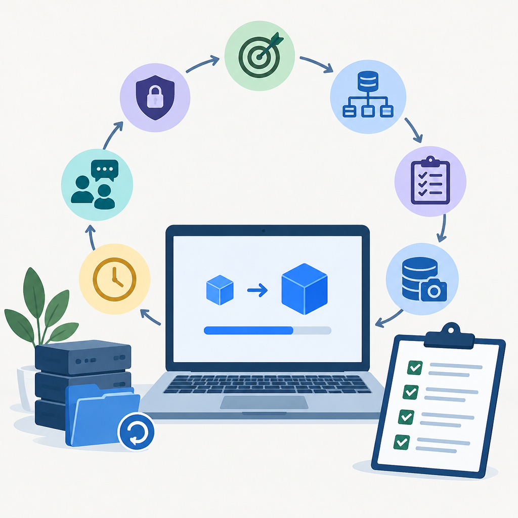AI illustration of an application upgrade workflow with a laptop showing a software update progress bar, surrounding icons for target planning, dependencies, checklist, backups, communication, timing, and rollback readiness, plus servers and a folder