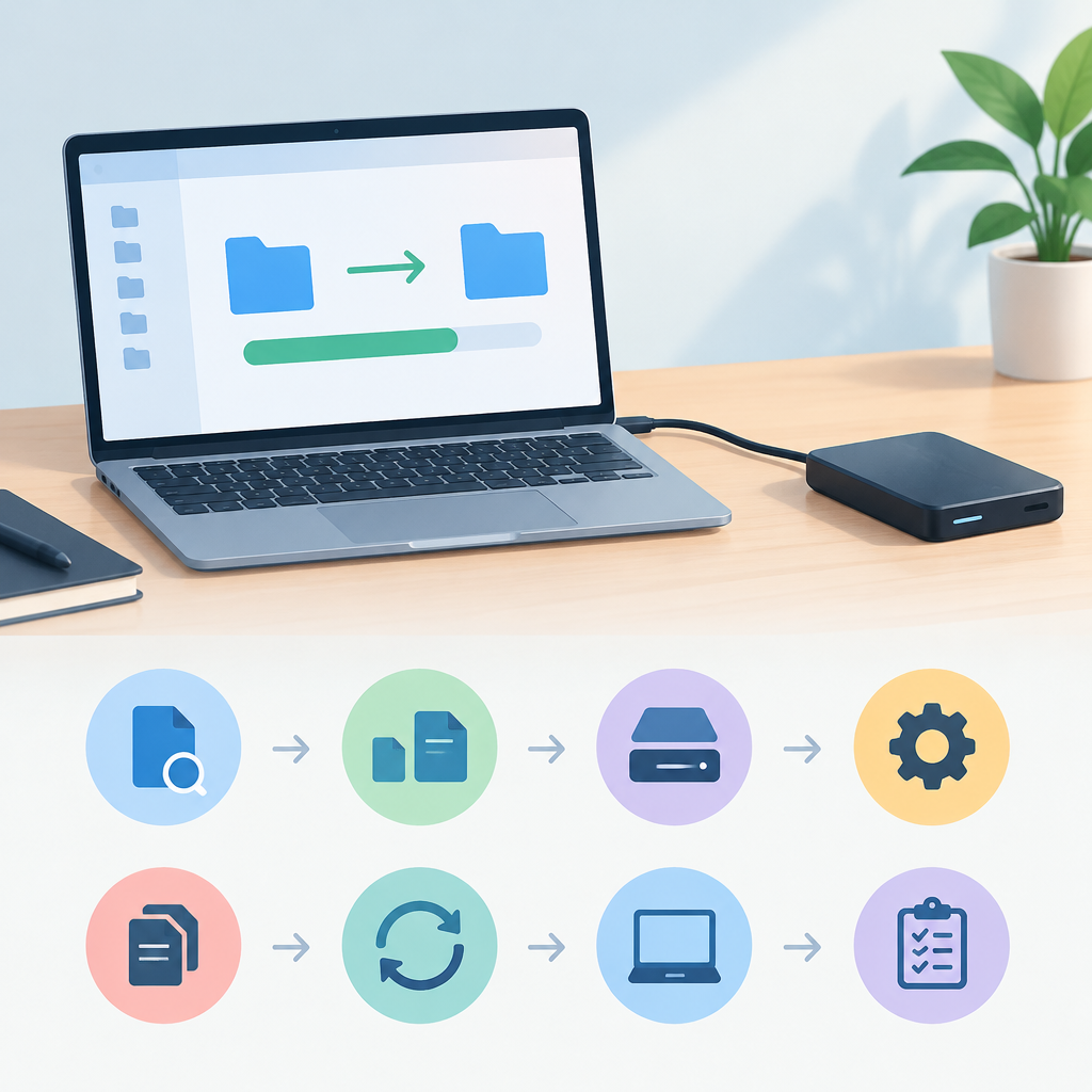 AI illustration of a laptop transferring files to an external drive, with a progress bar and workflow-style icons suggesting a step-by-step test plan for diagnosing a slow local file transfer.