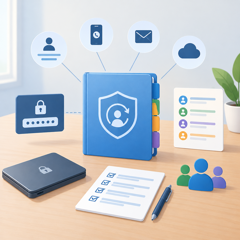 AI illustration of a secure account recovery system with a password vault, recovery icons for phone, email, and cloud, a checklist, and trusted user profiles on a desk.