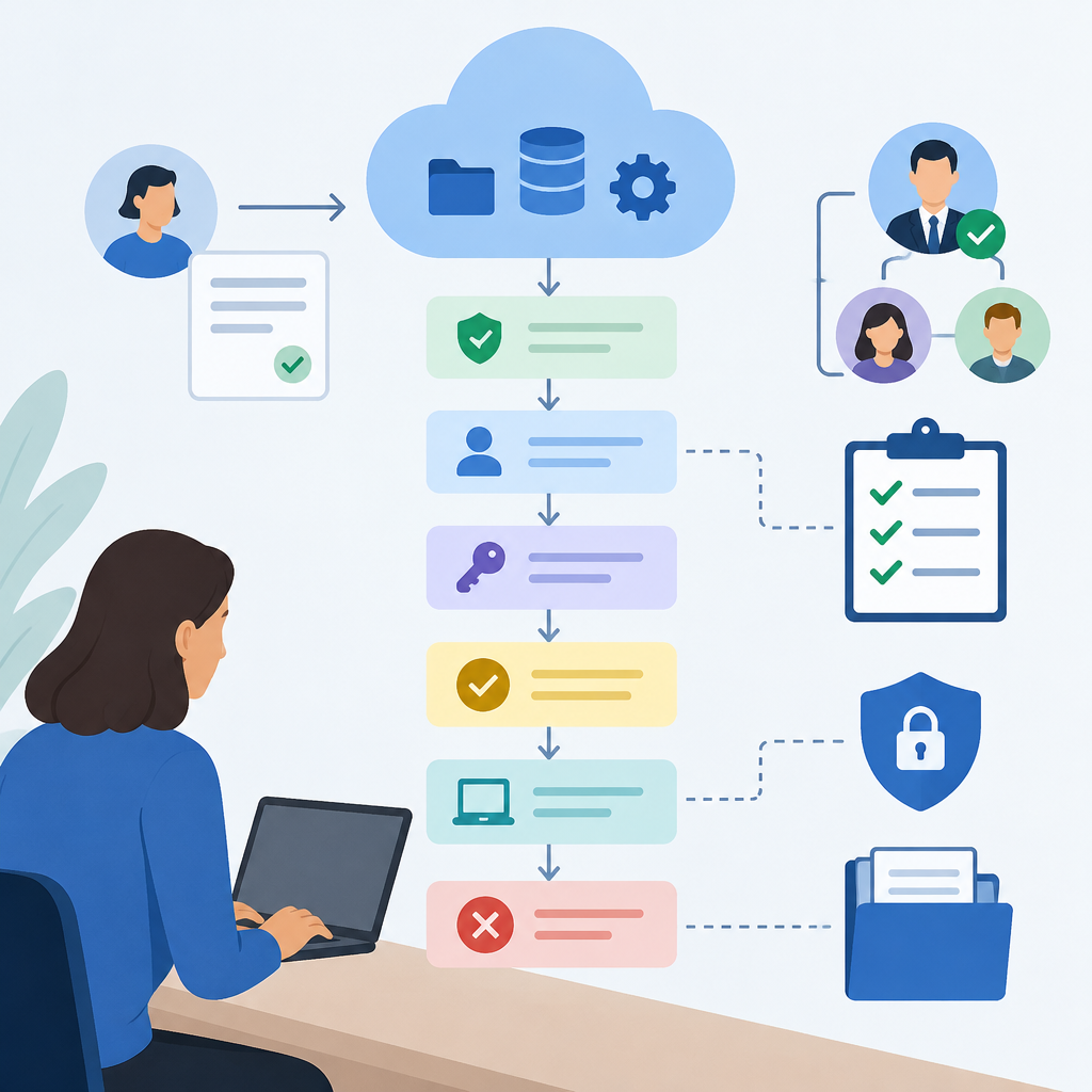 AI illustration of a cloud access request and removal workflow, showing an employee at a laptop, approval steps, user and admin icons, checkmarks, a security shield, and a final removal or denial step in a clean infographic style.
