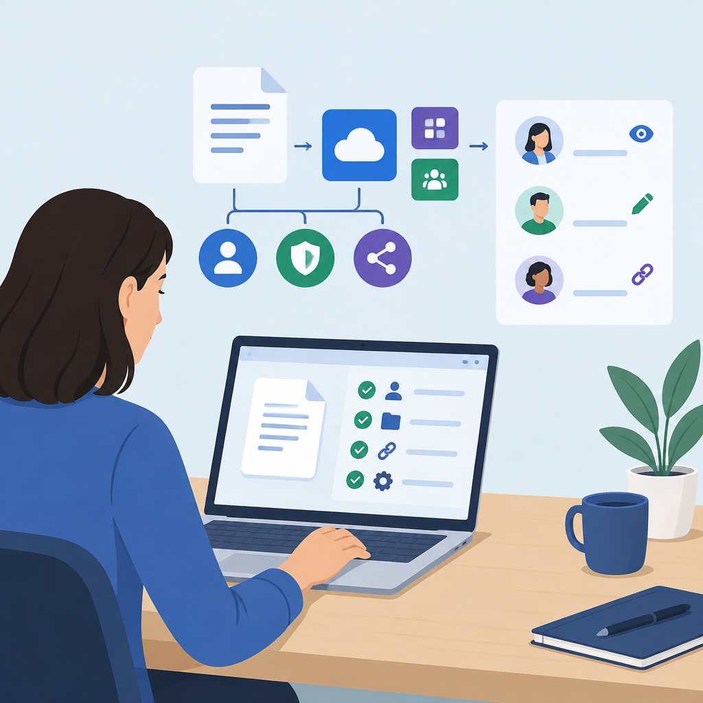 AI illustration of a person reviewing document sharing permissions and app access settings on a laptop, with cloud storage, user access, and security icons displayed around the screen.