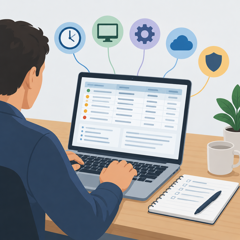 AI illustration of a person at a desk logging computer troubleshooting details on a laptop, with icons representing time, system settings, cloud services, and security above the screen and a notebook beside the keyboard.