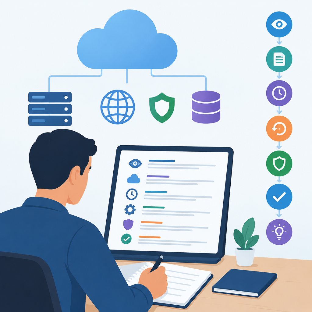 AI illustration of a cloud administrator writing incident notes at a desk in front of a monitor, with cloud, security, server, database, and timeline icons showing documentation, verification, and recovery steps.