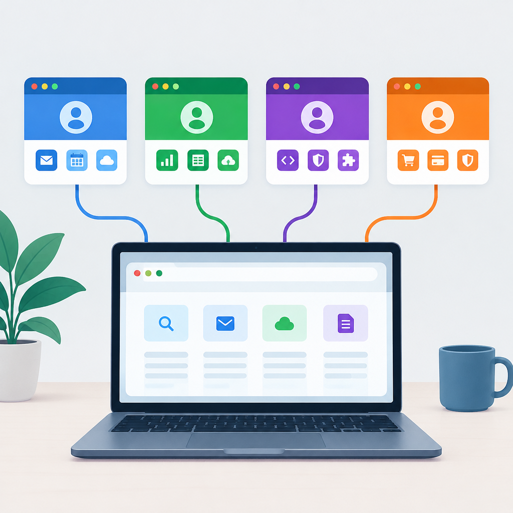 AI illustration of a laptop connected to four color-coded browser profile windows, each representing a separate work role or task, with generic app icons and a clean desktop workspace.
