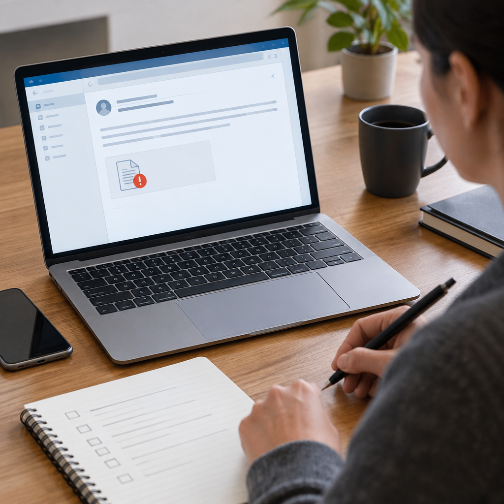 AI illustration of a person at a desk reviewing a laptop email with a suspicious attachment warning, while holding a pen over a checklist notebook.
