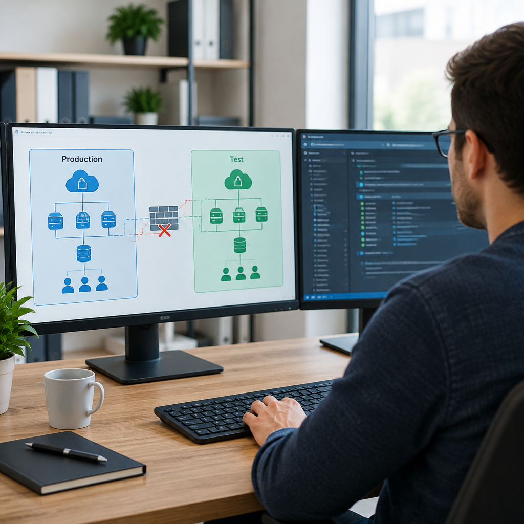 AI illustration of a person at a desk viewing two monitors that compare cloud production and test environments, with a network boundary and blocked connection shown between them.