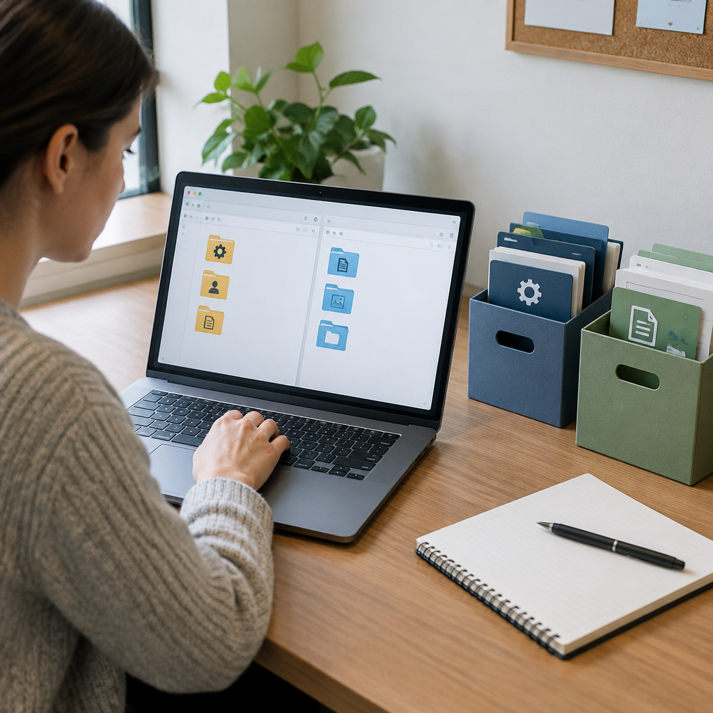AI illustration of a person working at a desk with a laptop showing separate folder icons for settings and documents, alongside organized file boxes and a notebook, suggesting separation of application configuration from personal work files.