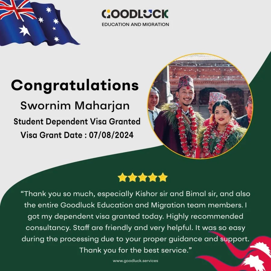 Congratulations Swornim Maharjan, student dependent visa granted