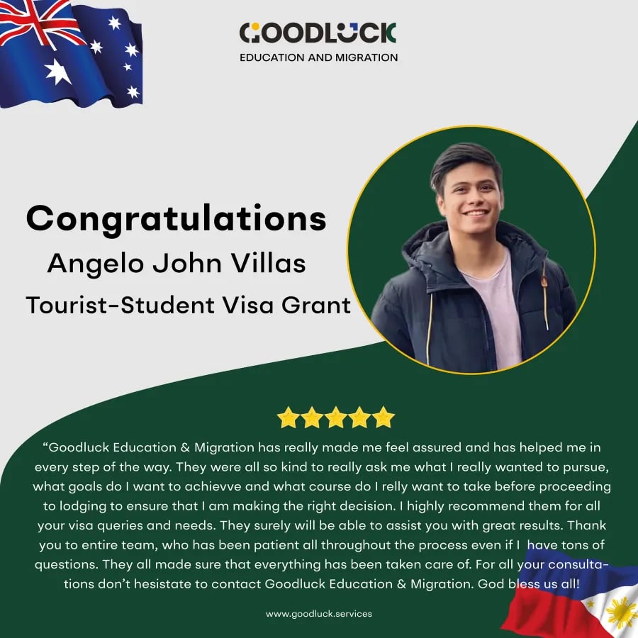 Congratulations Angelo John Villas, tourist to student visa grant