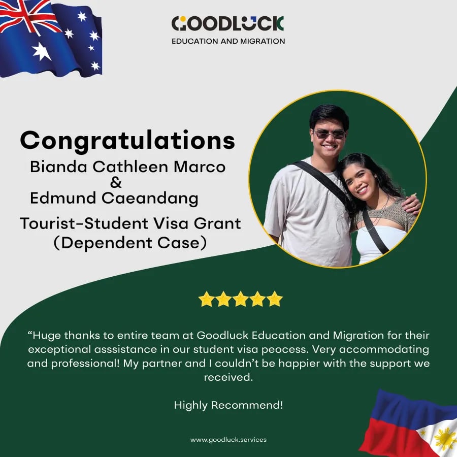 Congratulations Bianda Cathleen Marco and Edmund Caeandang, tourist to student visa grant, dependent case