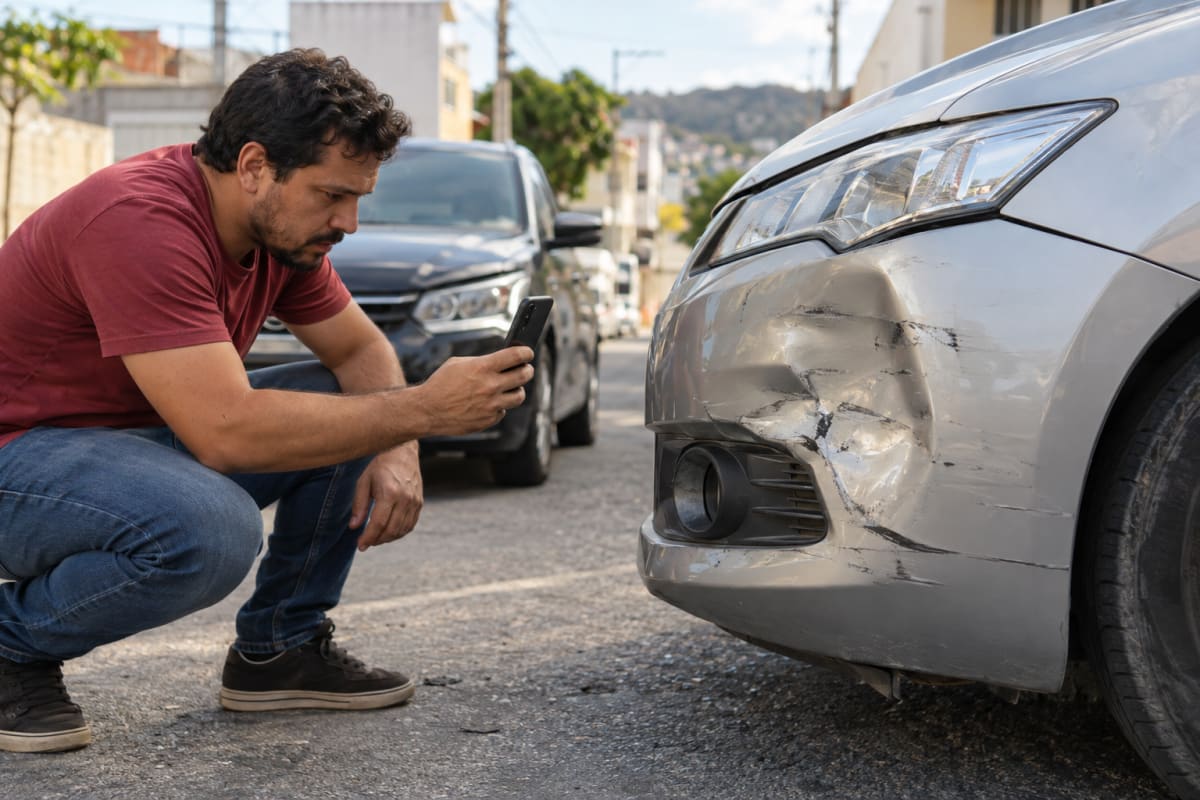 Motorista fotografa o para-choque amassado do carro com o celular depois de uma batida leve